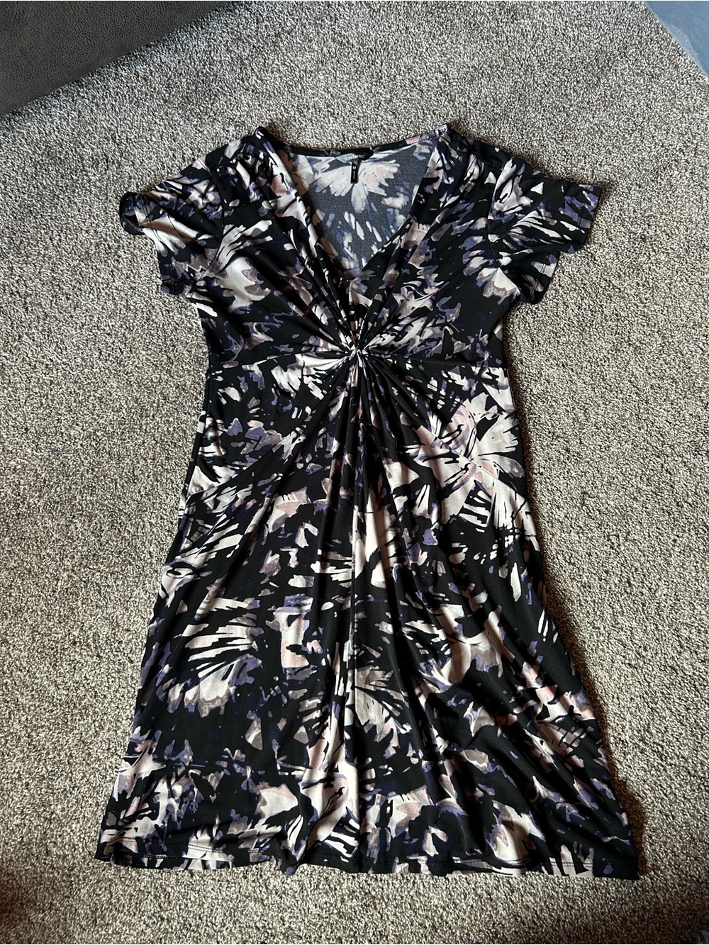Daisy Fuentes Black Floral Twist-Front Dress with Cream and Light Purple Accents